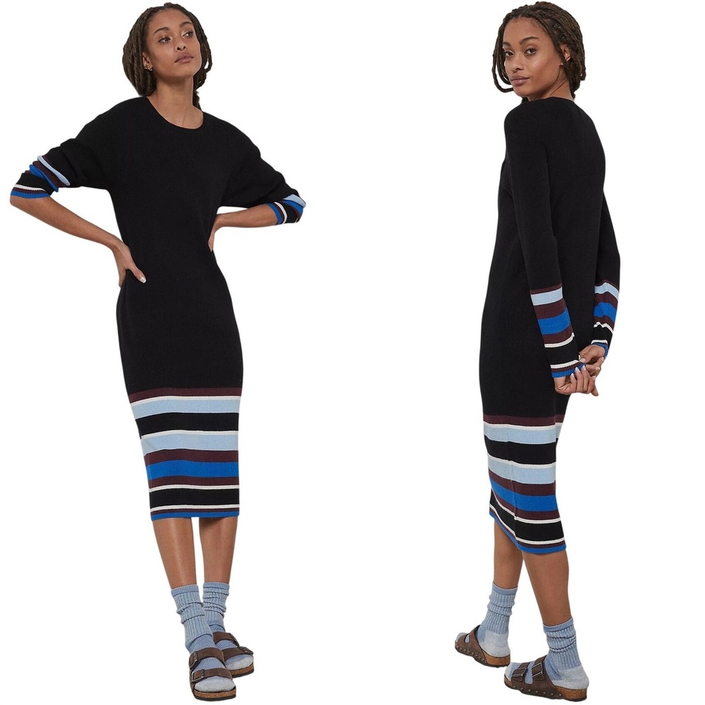 NEW Anthropologie Saturday Sunday Ribbed Striped Midi Sweater Dress‎ Black XS